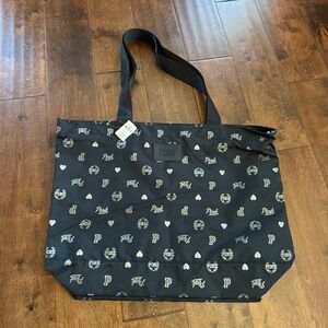 PINK Victoria's Secret Black Silver All Over Print Canvas Tote Bag Zipper NEW